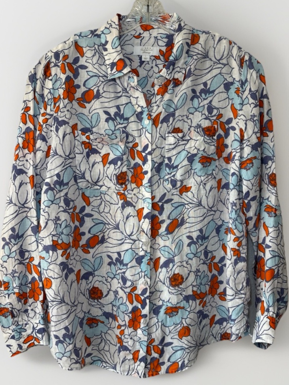Charter Club Women’s Floral 100% Linen Button Up Blouse Large Roll Tab Sleeves
